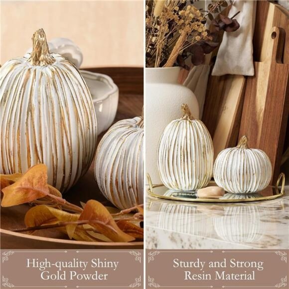 Set of 2 White and Gold Fall Pumpkins Artificial Resin Pumpkins Figurines - Picture 5 of 7
